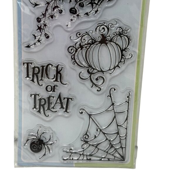 Inkadinkado Clear Stamps Happy Halloween Witch Pumpkin Spider Web Set 98627 New - Picture 3 of 9
